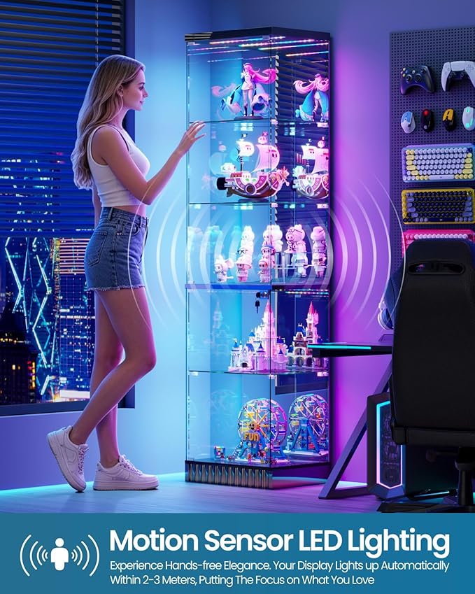 Lvifur 67''H Lockable Display Cabinet with Glass Doors & RGB Lights,Black | 5-Tier Glass Curio Display Cabinets with Motion Sensor Lights,China Cabinet with Removable Shelves,Lighted Showcase