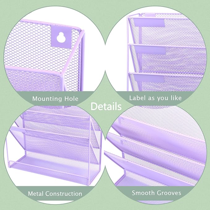 3 Pockets Mesh Wall File Holder Organizer with Bottom Flat Tray, Office Hanging File Folder Magazine Rack, Nametag Label Hooks Set Included, Purple