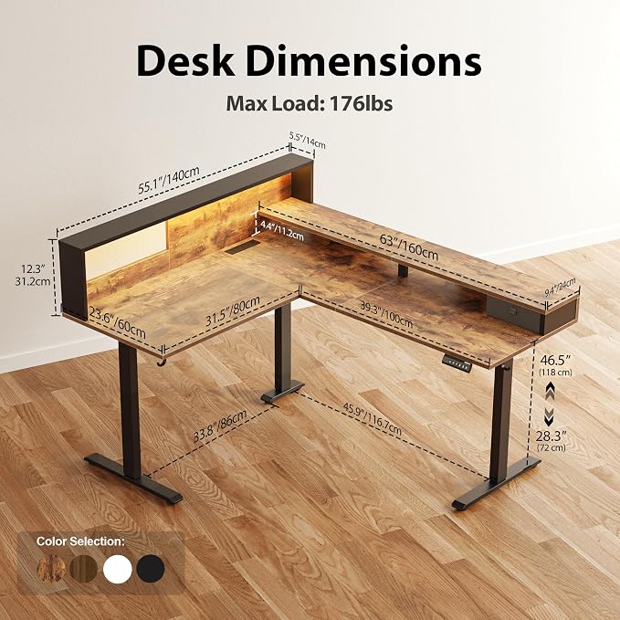 Agilestic 63 Inch L Shaped Electric Standing Desk with Led, Rustic Brown | Modular Storage System, Outlets & LED, Corner Desk, Memory Presets, Hooks, Stable Steel Frame, 176 lbs