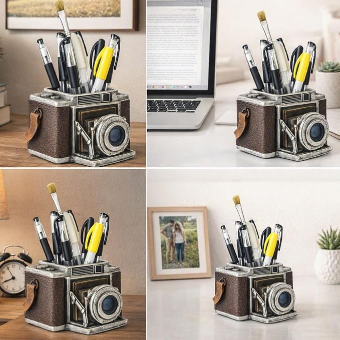 Bellaa Camera Pen Pencil Holder Vintage Retro Antique Style Shabby Chic Desk Organizer Office Farmhouse Decor Photography Gift 24094