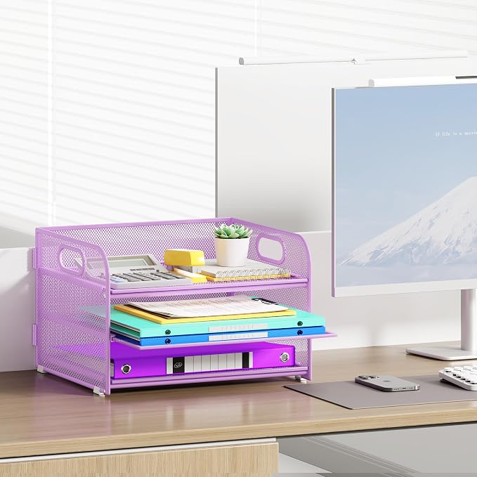 Cawukege 3 Tier Paper Organizer with Handle, Metal Desk Organizer Mesh Paper Letter Tray Desktop File Folder Document Sorter for Classroom, School, Office Accessories Storage (1, Purple)