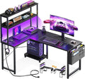 AODK L Shaped Desk Gaming Desk with LED Light & Power Outlet | 43 Inch Black Reversible L Shaped Computer Table with Shelf, Corner Desk with Storage Bag&Hook for Home Office Desk