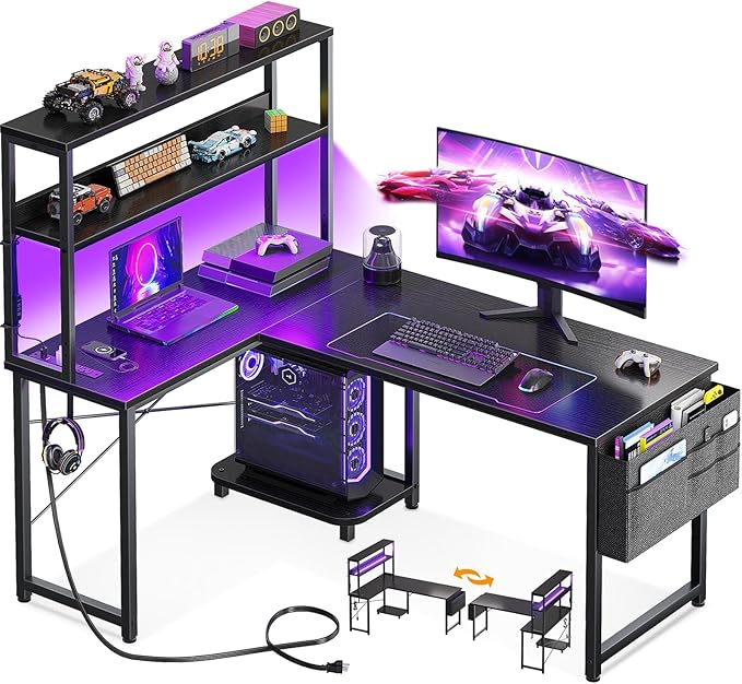 AODK L Shaped Desk Gaming Desk with LED Light & Power Outlet | 43 Inch Black Reversible L Shaped Computer Table with Shelf, Corner Desk with Storage Bag&Hook for Home Office Desk