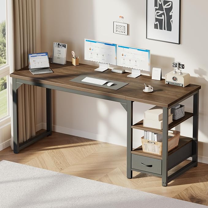 48 in Computer Desk with Drawer, 1" Thick Reversible Office Desk | Modern Writing Table with Storage Shelves, Heavy Duty Industrial Study Desk for Home Bedroom Work