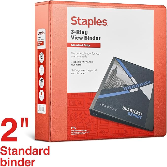 Staples Standard 2-Inch 3-Ring View Binder, Orange, 450 Sheets | Durable binder for office and school document organization and storage.