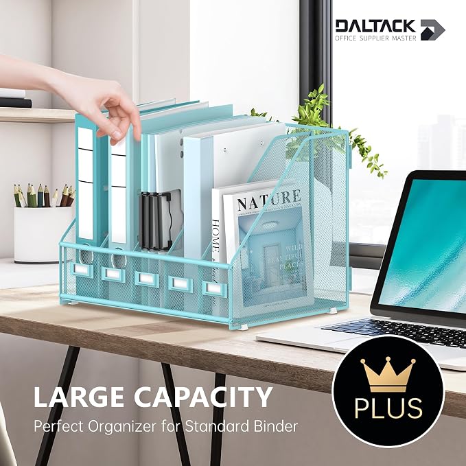 DALTACK 5-Slot Magazine File Holder, Metal Binder Holder, Blue | Iron Mesh Construction, Labeled Sections for Easy Sorting, Anti-Slip Feet, Binder and Folder Storage for Office, Classroom