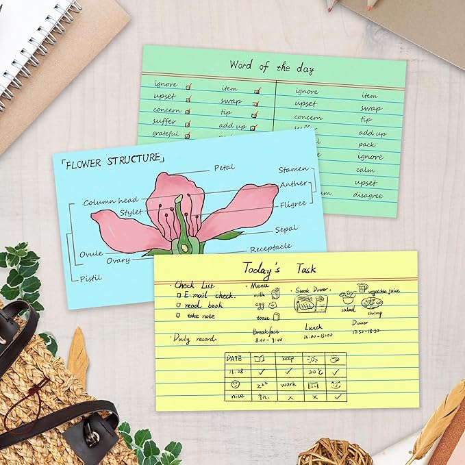 Chell Extra Heavyweight Index Cards 3x5 Inch, No Bleed-Through, 200 Count, Ruled Front and Blank Back, 80 lb. Cover Weight, Pastel Colors