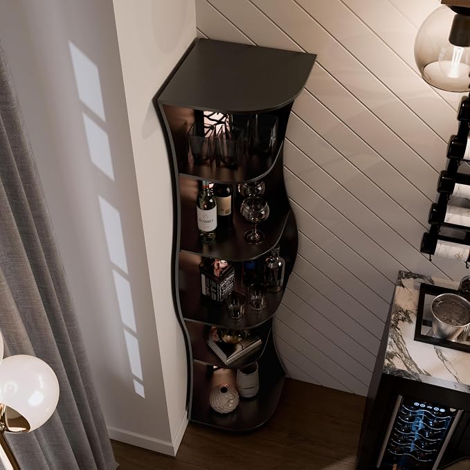 Homes: Inside + Out Connelly Modern 5 Shelf LED Bookcase, Unique Thin Wood Bookshelf with Storage and Remote, Office Shelving,Tall Book Shelf for Bedroom, Living Room and Small Spaces, Black