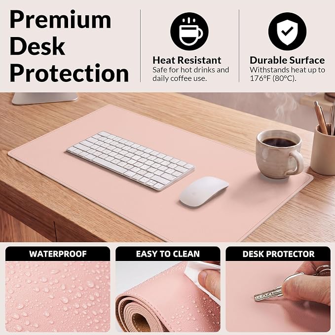 AFIING Leather Desk Pad Protector, Pink, 23.6" x 13.7" | Large Mouse Pad, Dual-Sided PU Leather ,Non-Slip, Waterproof, For Office and Home