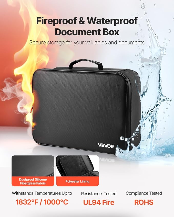 VEVOR Fireproof Document Box, 1832 ℉ Heat Insulated Fireproof & Waterproof Box with Lock, Portable Multi-Layer Home Office Travel File Storage Organizer, for Passports, Important Documents, Files