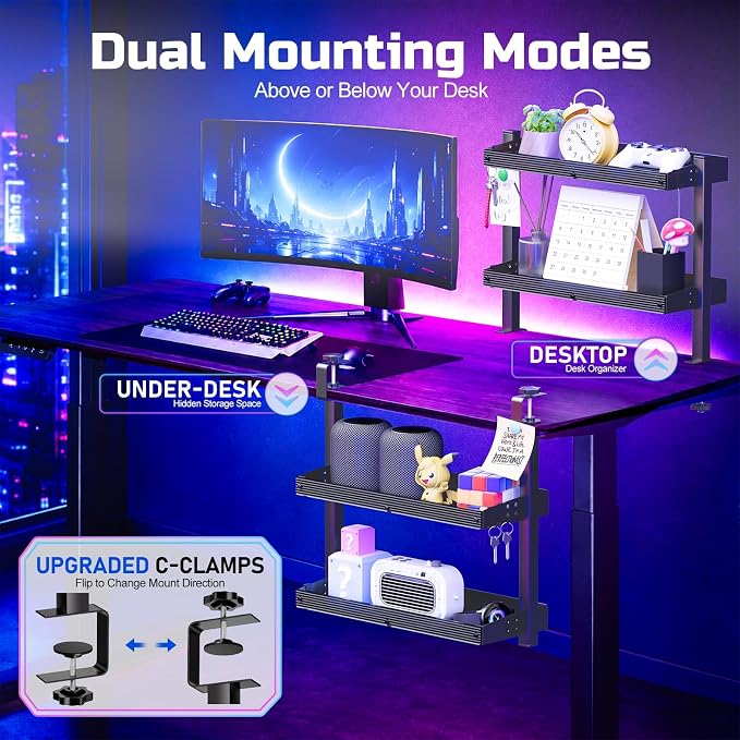 17 inch Adjustable 2-Tier Clamp On Desk Shelf with Hooks | Heavy Duty, Holds 44 lbs, No Drill, for Home Office, Gaming & Desk Organizer