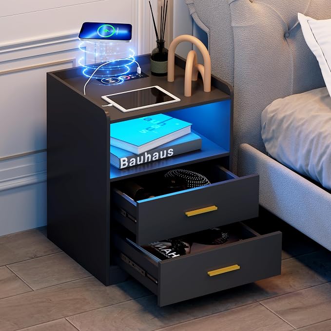 dnbss RGB Nightstand with Charging Station, Smart Bedside Table, Black | LED Night Stand, 2 Drawers, 1 Compartment, Human Body Sensor, Modern End Side Table for Bedroom Living Room Office Storage