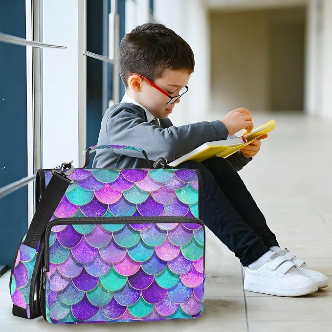 Pink Blue Purple Mermaid Scales 3 Ring Binder Bag 1.5 inch Binder Organizer with Zipper Shoulder Strap 500 Sheet Documents Storage for School Office