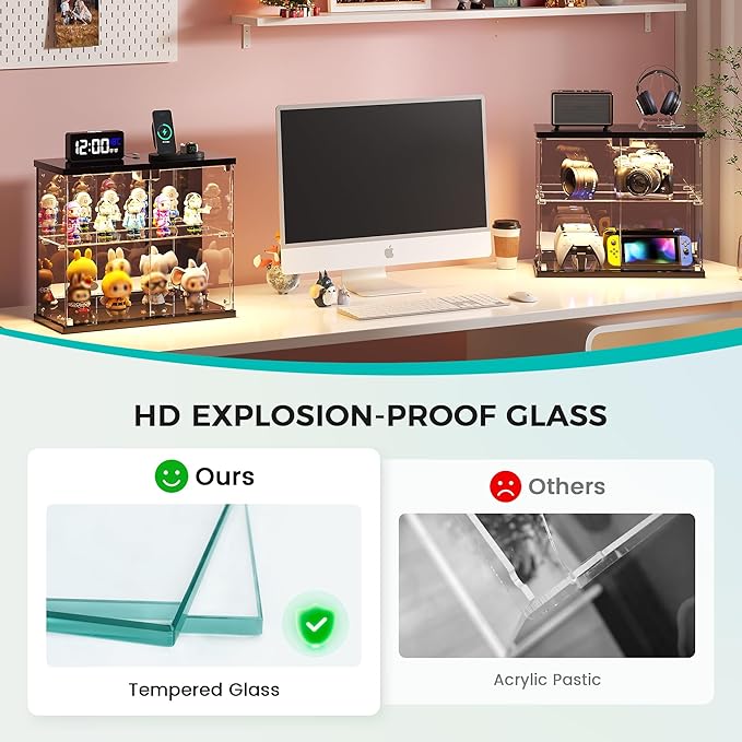 Dystler Glass Display Case with LED Lights, Small 2-Tier for Figures | Lighted Display Cabinet with Motion Sensor, Clear Tempered Glass Door, USB-C Charging Hub for Collectibles, Rocks, Tabletop