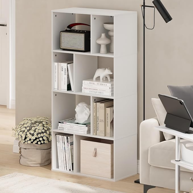 Furinno DALY Book Shelf, 8-Cube Bookshelf, Cube Storage Organizer Bookcase with Irregular Compartments, 11.7 x 23.6 x 49, for Living Room, Bedroom, Home Office, White