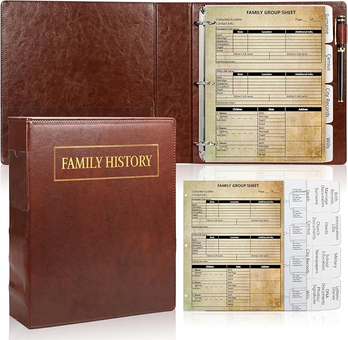 3 Ring Family History Binder 50 Sheet 12th Generation Family Group Sheets 16 Sheets Genealogy Binder Dividers Family Tree Charts to Fill in with PVC Pocket Pen Loop Brown