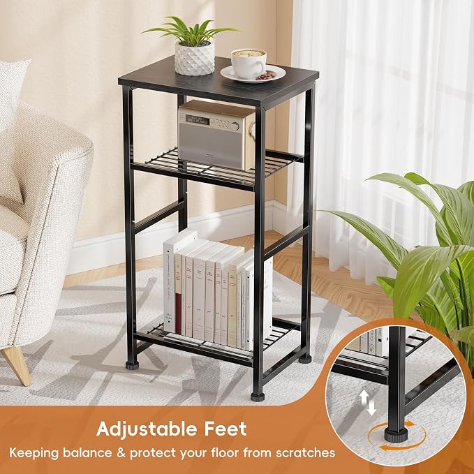 Industrial 3 Tier Printer Stand, Home Printer Wood Table with Wire Storage Shelf for Scanner Fax Machine, Heavy Duty Metal, Black with Burly Wood Board