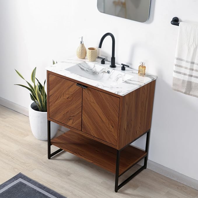 JONATHAN Y Juhl 30" Chevron Freestanding Bathroom Vanity Cabinet, Walnut | Modern Minimalist Design, 18" Deep 33" Tall, 2 Soft-Close Doors, Interior And Open Shelves, Sink Not Included