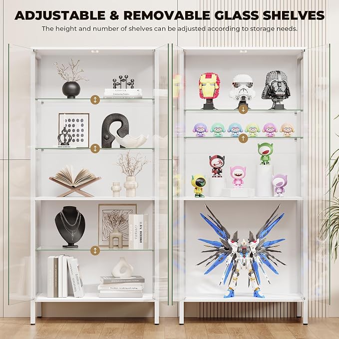 Glass Display Cabinet, 5-Tier Display Case with Adjustable Glass Shelves, Metal Curio Cabinet with 3 Color Lights for Collectibles, Bookcase with Human Body Sensor, White