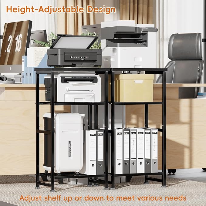 Industrial 3 Tier Printer Stand, Home Printer Wood Table with Wire Storage Shelf for Scanner Fax Machine, Heavy Duty Metal, Black with Burly Wood Board