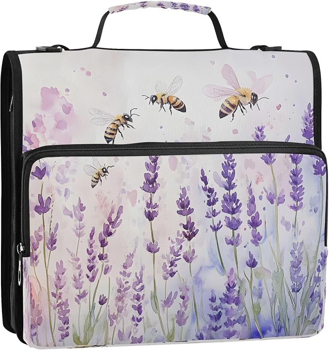 ALAZA Zipper Binder 3 Ring Lavender Bee Binder Organizer with Zipper and Shoulder Strap Large Capacity Multi-Pocket Trapper Keeper File Folder for Office Supplies