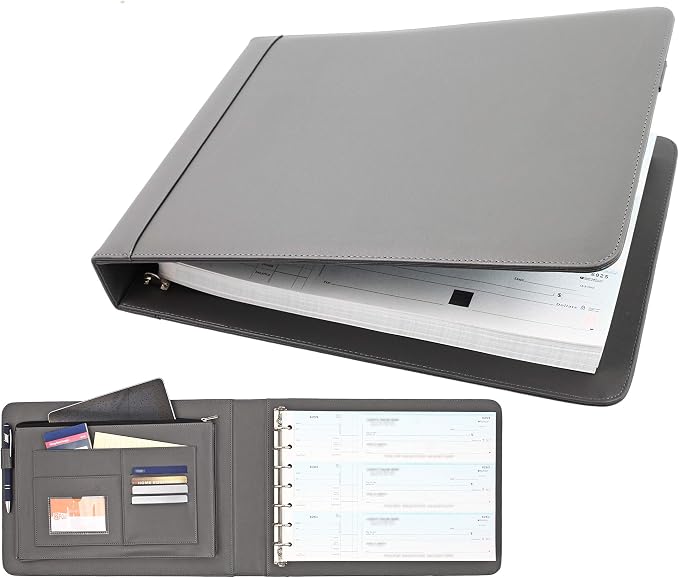 2Fold Business Check Binder 7 Ring for 3-Up Business Size Checks with Extra Business Card Case - PU Leather Deluxe 7 Ring Checkbook Binder Portfolio with 600 Check Capacity and Storage