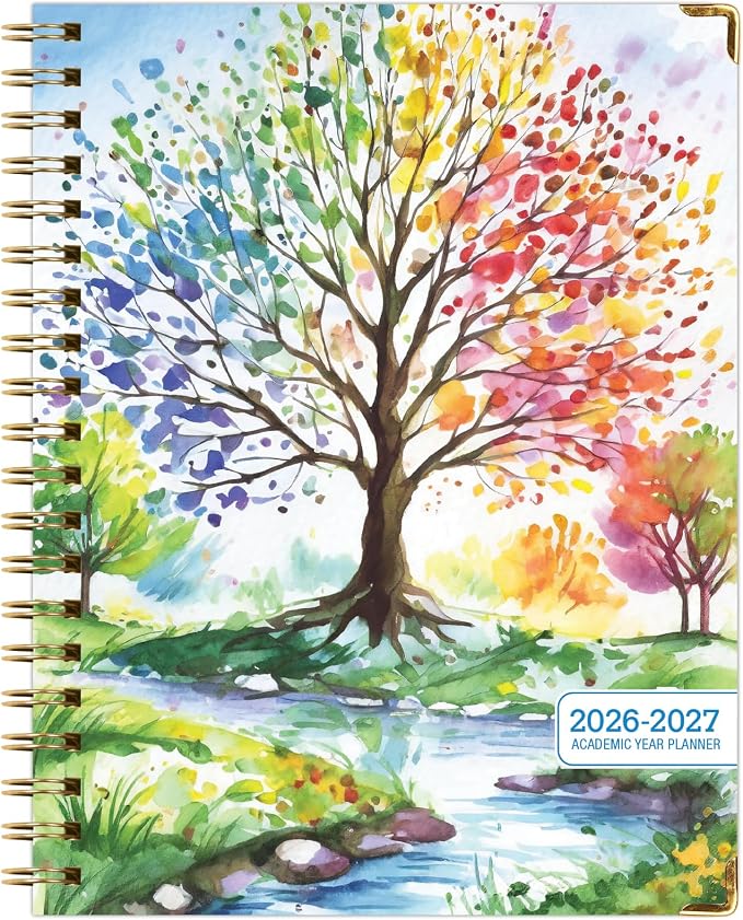 HARDCOVER Academic Year 2026-2027 Planner: 14 Months (May 2026 Through June 2027) 8.5"x 11" Daily Weekly Monthly Planner Yearly Agenda. Bookmark, Pocket Folder and Sticky Note Set (Tree Seasons)