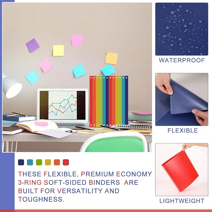 Fulmoon 48 Pack 3 Ring Plastic Binders 1/2 Inch Bulk with 2 Pockets, Flexible Binder Loose Leaf Hardcover, Fit 12" x 10" US Letter Size Paper, for School Office Home, 6 Colors(Vibrant)
