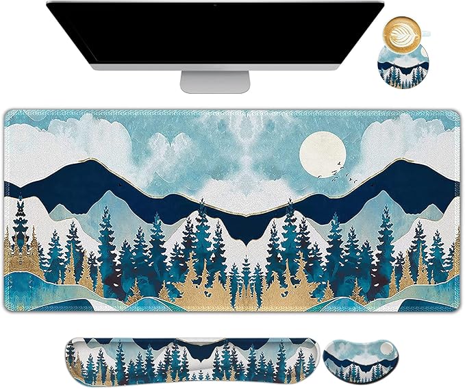 Large Gaming Mouse Pad Set, Keyboard Wrist Rest Support + Mouse Wrist Cushion + Extended Mousepad + Coaster, 35x15.5in Multifunctional Desk Mat, Abstract Mountain