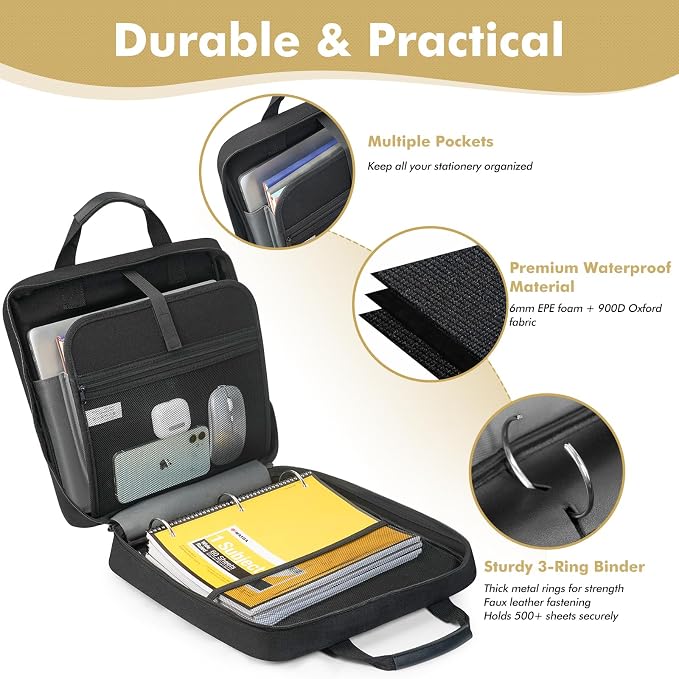 3-Ring Zipper Binder Organizer with Shoulder Strap, 2 Inch Binder | 500 Sheets Zip Up Binder Bag with Multiple Pockets & Storage, Laptop, Books Organizer for School Students and Teachers