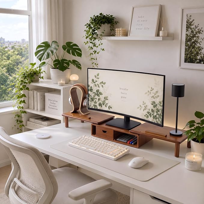 Dual Monitor Stand Riser with Drawer for Desk Laptop | Desk Shelf with Adjustable Length and Angle, Bamboo Computer Stand Riser for 2 or 3 Monitors Screen Laptop PC TV Brown