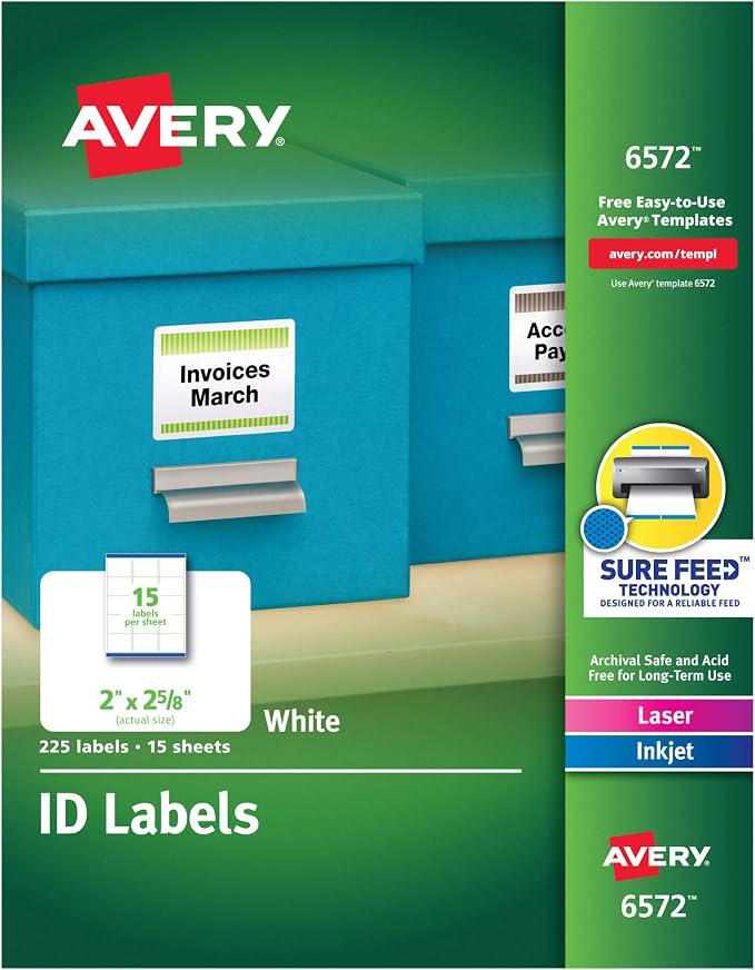 Avery ID Labels, Sure Feed Technology, Permanent Adhesive, 2" x 2-5/8", 5 Packs (6572)