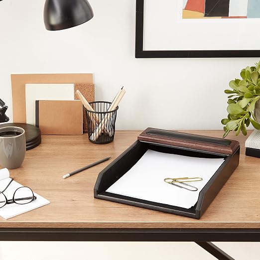 DACASSO Leather Desktop Letter Tray - Luxury Letter Holder & Paper Organizer for Desk - Office Organization & Executive Desk Decor - (Black)