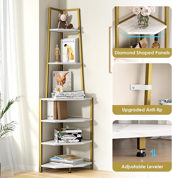 VECELO 6 Tier Corner Shelf 69 Inch Industrial Bookshelf with Metal Frame, Multipurpose Tall Plant Stand with Opening Display Shelves for Living Room, Bedroom, Home Office, Small Space, Gold