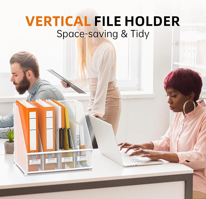 DALTACK 4-Slot Magazine File Holder, Metal Binder Holder, White | Iron Mesh Construction, Labeled Sections for Easy Sorting, Anti-Slip Feet, Binder and Folder Storage for Office, Classroom