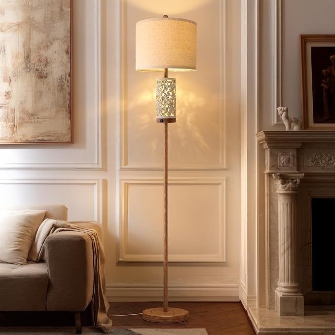 65" Floor Lamp with Night Light,Farmhouse Floor Lampfor Bedroom,Tall Floor Lamp for Living Room,Vintage Standing Lamp with Linen Shade,Boho Reading Lamp for Home Decor (Brown,Bulbs Included)