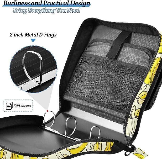 Fisyme Yellow Banana Zipper Binder 3 Ring with Zipper and Shoulder Strap Large Capacity Multi-Pocket Zipper Binder Organizer