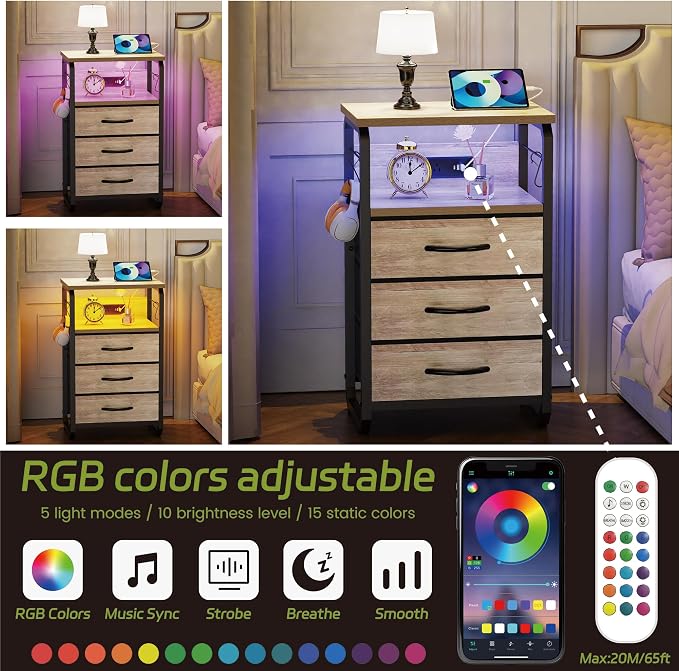 runjuly End Table Small with LED Light, Charging Station, and Hooks, Beige | 3 Fabric Drawer Storage, Type C & USB Ports & Power Outlets, Wooden Metal Nightstand, for Living Room / Bedroom / Dorm