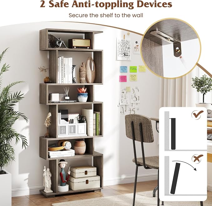Tangkula 6-Tier S-Shaped Bookshelf, 64" Freestanding Geometric Bookcase, Home Office Wood Storage Shelf with Anti-Toppling Device, Room Divider Display Rack for Study Living Room (1, Grey Oak)