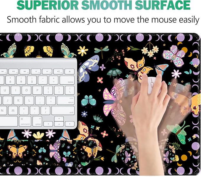 Desk Mat Set, Black Butterfly Extended Gaming Mouse Pad with Wrist Rest Support +Keyboard Wrist Rest +Coaster, Large Cute Mousepad, Easy Typing and Pain Relief