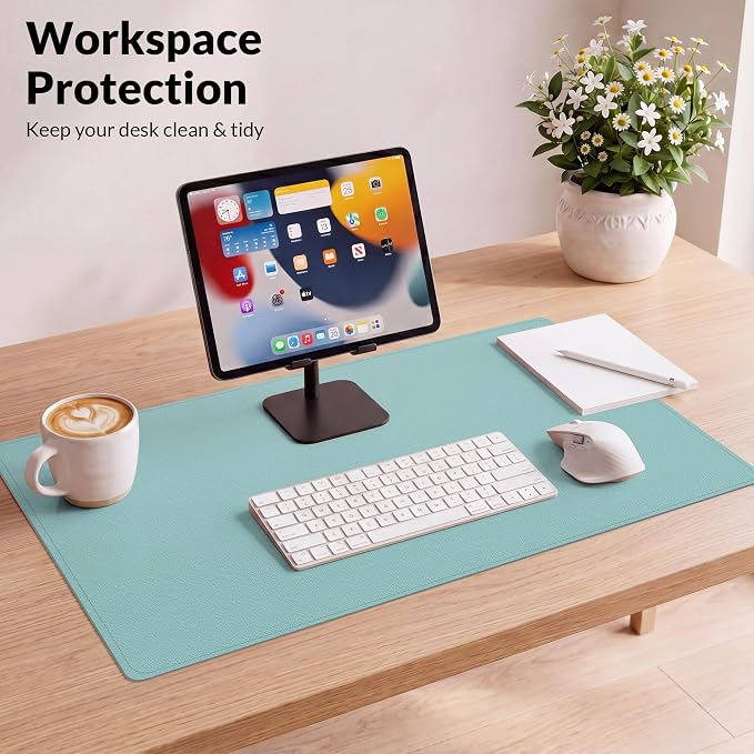 AFIING Leather Desk pad Protector, Light Blue, 35.4" x 17" | Dual-Sided Cork & PU Leather, Non-Slip, Waterproof, Large Mouse Pad for Office, Home & Gaming