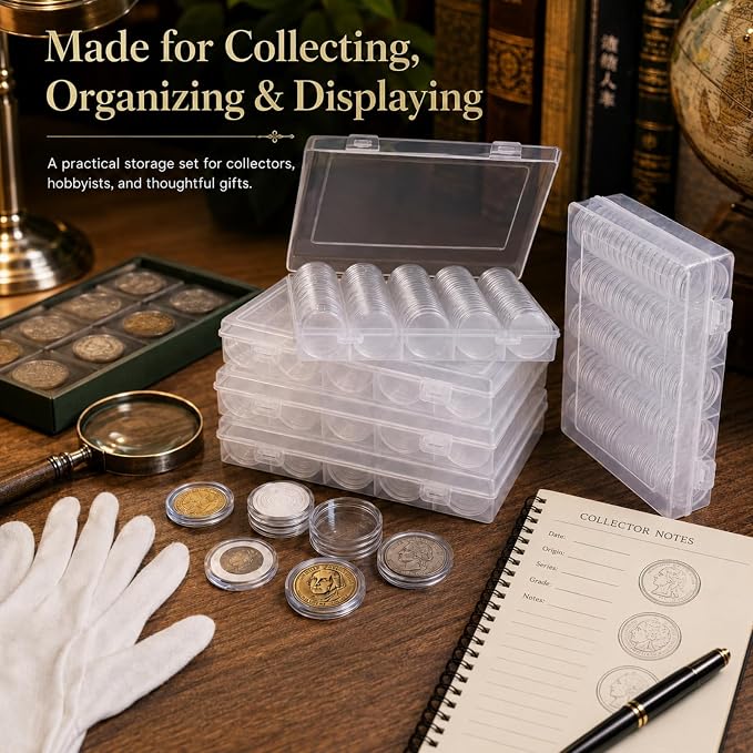APACALI 500 PCS Coin Capsules Holders for Collectors, 30mm Clear Plastic Coin Holders with Foam Gaskets, 5 Storage Organizer Boxes, Coin Collection Supplies for 17/20/25/27/30mm Coins