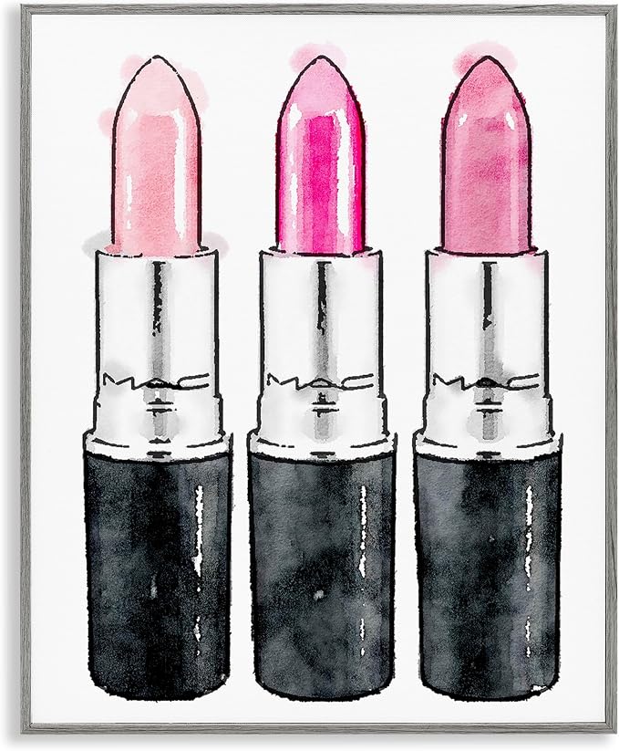 Stupell Industries 'Three Pink Lipsticks', Framed Giclee Art, Gray, 16 x 20 Inches, Easy to Hang and Sturdy, Made in USA, by Amanda Greenwood