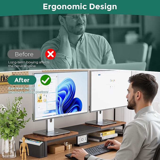 Dual Monitor Stand Riser, 41.5'' Extra Long Wood Monitor Stand Desktop Organizer with Side Pocket, Ergonomic Monitor Riser Supports 2 Monitors,TV,Laptop,Printer for Home Office, Rustic Brown