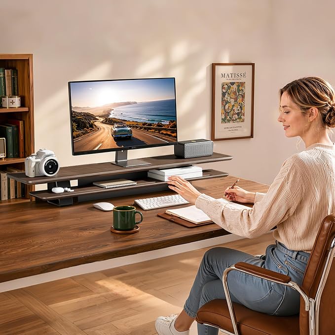 Dual Clamp-On Wooden Monitor Stand, 41.7" 2-Tier Desk Riser Organizer | Monitor Stands Riser for 2 Monitors，Magnetic Back Panel,Fit Computer & Laptops,for Home Office