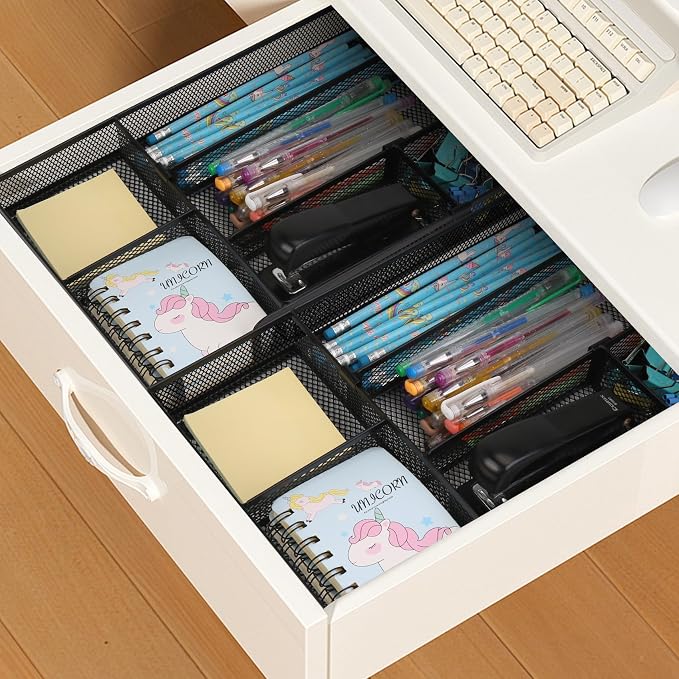 Desk Drawer Organizer, 2 Pack Junk Drawer Organizer Tray with 2 Adjustable Compartments, Desktop Metal Mesh Office Desk Organizer, Multifunction Pen Organizer Set for Office School Makeup Supplies (2)