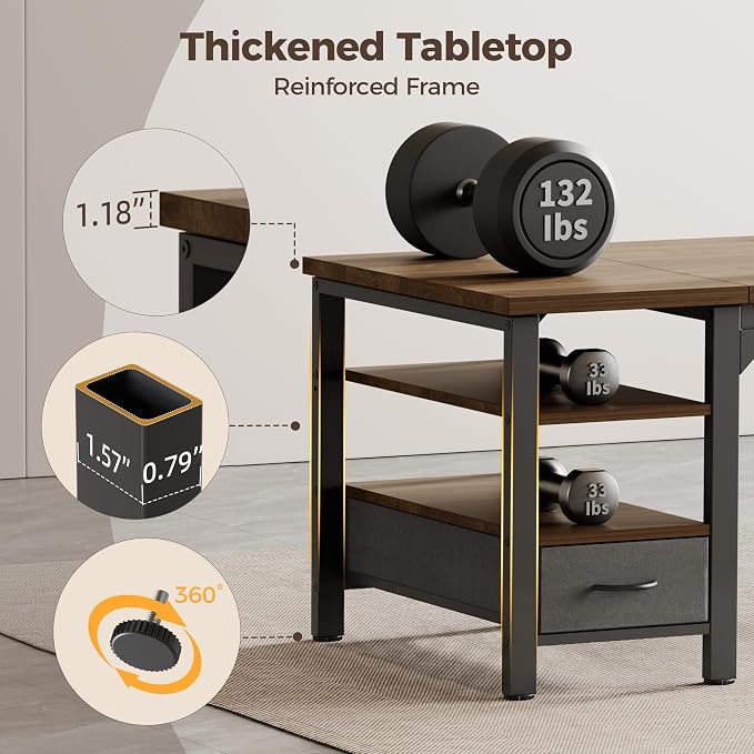 54" Computer Desk with Drawer, 1.2" Thick Reversible Office Desk | Modern Writing Table with Power Outlets & Storage Shelves, Heavy Duty Industrial Executive Desk for Home Bedroom Study Work