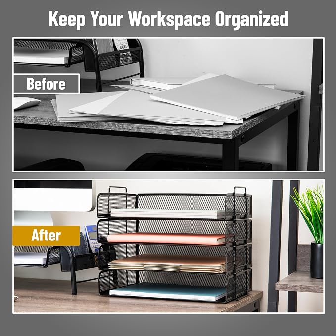 Mind Reader Stackable Paper Tray, Desktop Organizer, File Storage, Office, Metal Mesh, 4 Pcs., Black