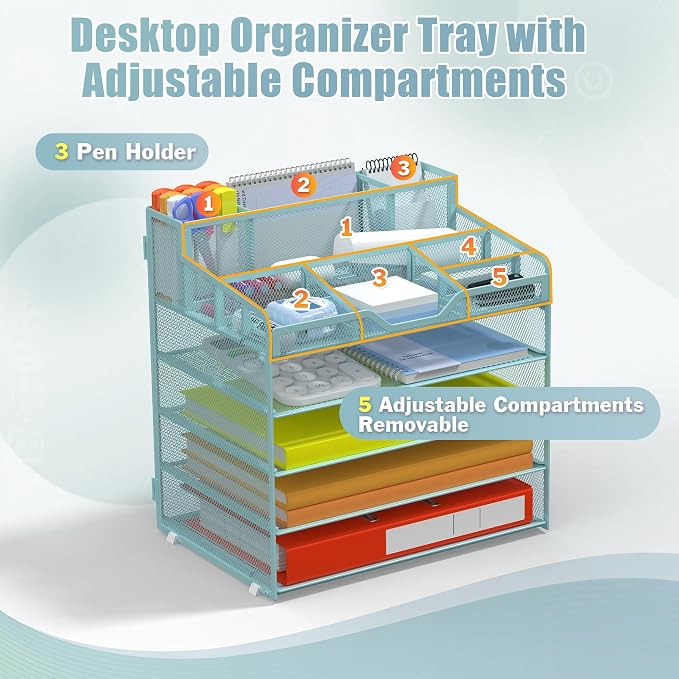 Docnest 5 Tier Mesh Desk Organizer with Letter Tray & Paper Sorter, Blue | Features 3 built-in pen holders & 5 adjustable compartments on top. Includes 4 non-slip rubber feet for desk protection