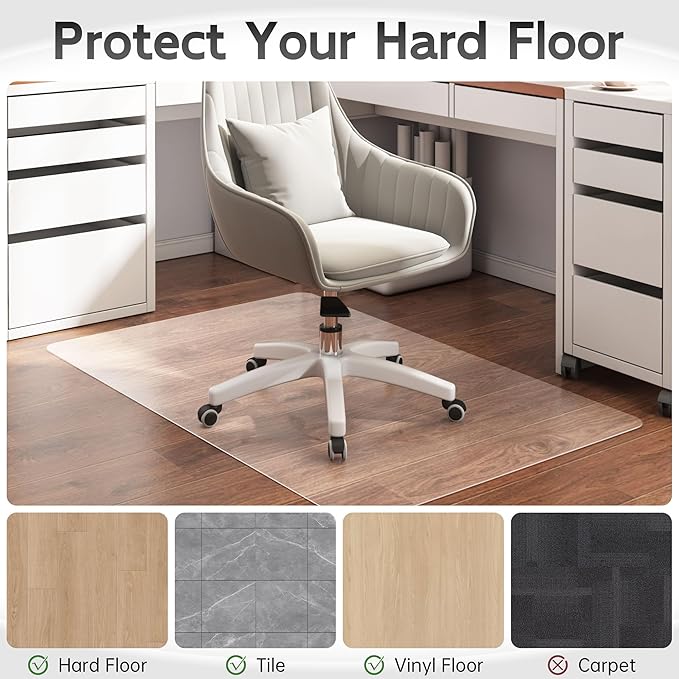 HOMEK Office Chair Mat for Hardwood Floor, 60" x 40" Clear Computer/Desk Chair Mat for Hard Floor, Thicker, Easy Glide, Non-Slip, Protects Hard Surfaces from Scratches, Ideal for Home or Office